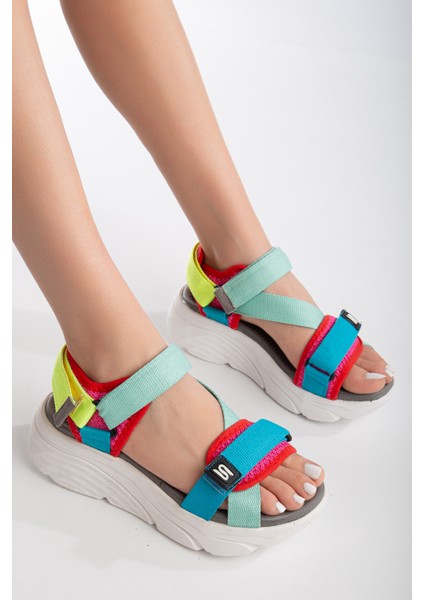 Kadın Dolgu Topuk Cırtlı Günlük Spor Sandalet SS001-0178 Yeşil Mavi