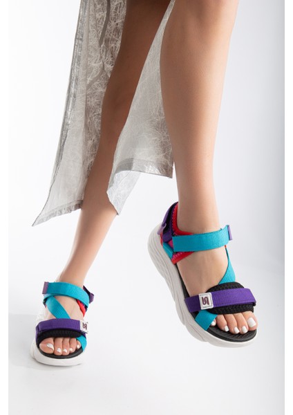Kadın Dolgu Topuk Cırtlı Günlük Spor Sandalet SS001-0178 Mavi Mor