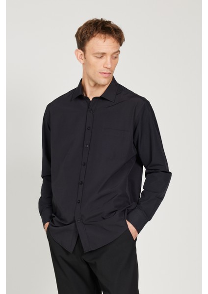 AC&Co / Altınyıldız Classics Erkek Siyah Kolay Ütülenebilir Comfort Fit Geniş Kesim Klasik Yaka Gömlek fırsatları