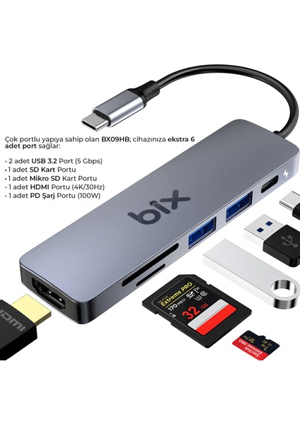 BX09HB Type-C To 2*usb 3.2 4K/30Hz HDMI Sd Tf Kart Okuyucu Çoklayıcı Hub Adaptör