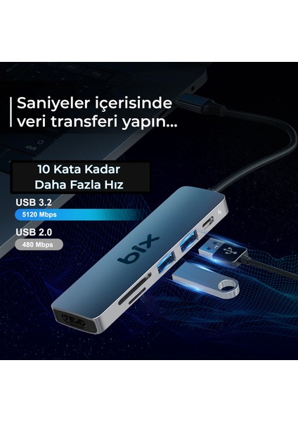 BX09HB Type-C To 2*usb 3.2 4K/30Hz HDMI Sd Tf Kart Okuyucu Çoklayıcı Hub Adaptör