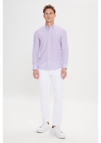 Erkek Beyaz-Lila Slim Fit Dar Kesim Gizli Düğmeli Yaka Pamuklu Çizgili Gömlek fiyatları