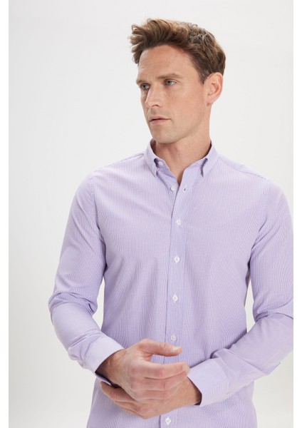 Erkek Beyaz-Lila Slim Fit Dar Kesim Gizli Düğmeli Yaka Pamuklu Çizgili Gömlek modelleri