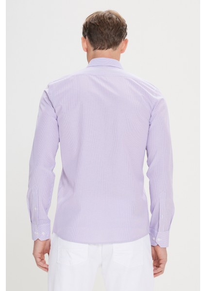 Erkek Beyaz-Lila Slim Fit Dar Kesim Gizli Düğmeli Yaka Pamuklu Çizgili Gömlek indirimleri