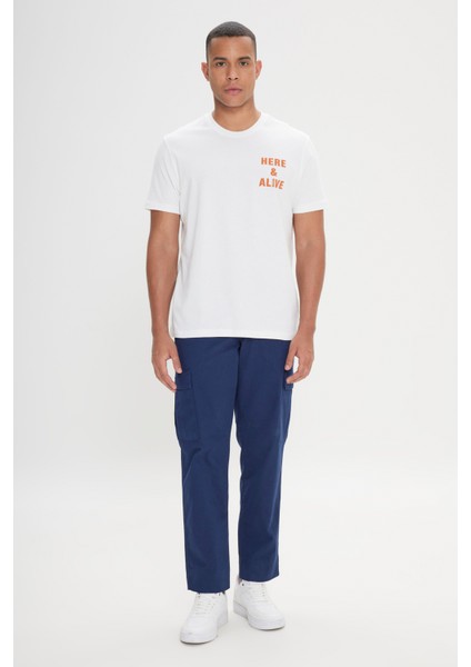 Erkek Ekru Comfort Fit Rahat Kesim %100 Pamuk Baskılı Bisiklet Yaka Tişört