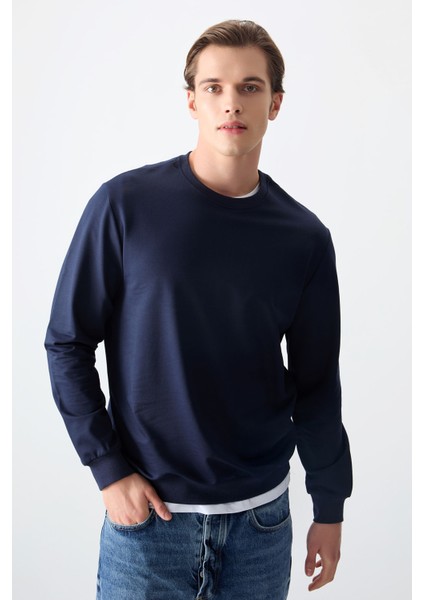 İndigo Pamuk Yumuşak Dokulu Standart Fit Basic Erkek Sweatshirt - 88363