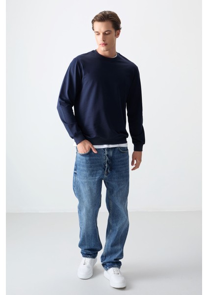 İndigo Pamuk Yumuşak Dokulu Standart Fit Basic Erkek Sweatshirt - 88363 modelleri