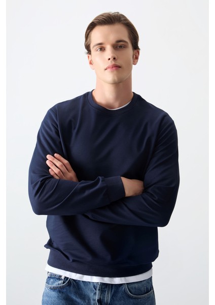 İndigo Pamuk Yumuşak Dokulu Standart Fit Basic Erkek Sweatshirt - 88363 fırsatları