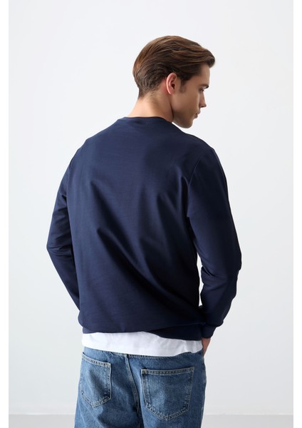 İndigo Pamuk Yumuşak Dokulu Standart Fit Basic Erkek Sweatshirt - 88363 indirimleri