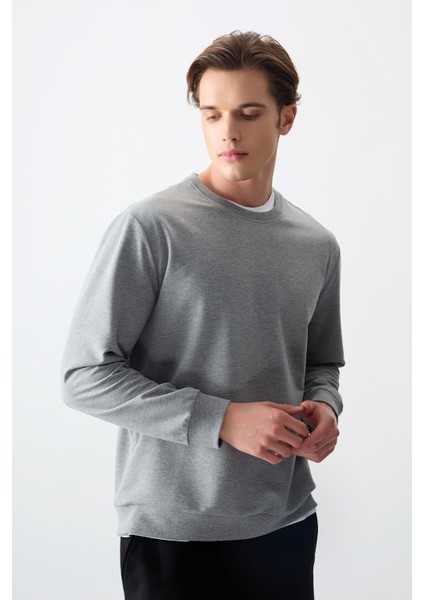 Gri Melanj Pamuk Yumuşak Dokulu Standart Fit Basic Erkek Sweatshirt - 88363