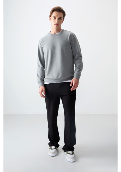Gri Melanj Pamuk Yumuşak Dokulu Standart Fit Basic Erkek Sweatshirt - 88363