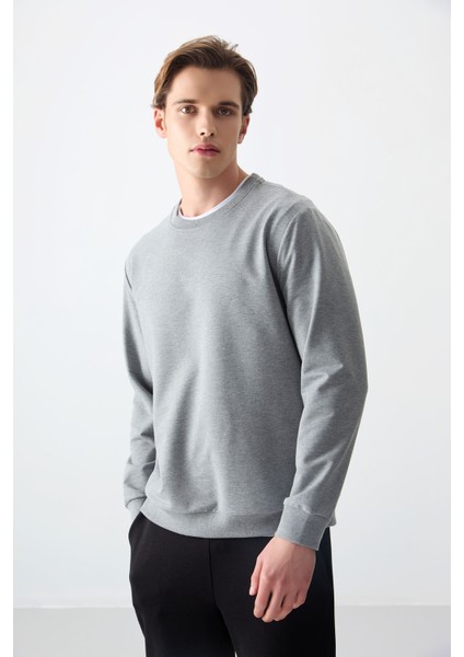 Gri Melanj Pamuk Yumuşak Dokulu Standart Fit Basic Erkek Sweatshirt - 88363