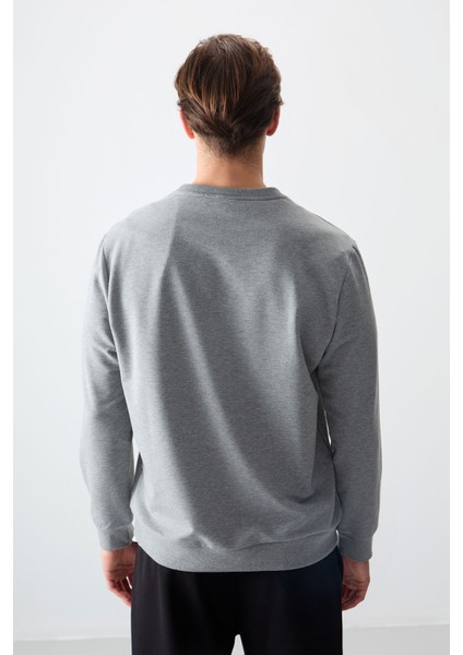 Gri Melanj Pamuk Yumuşak Dokulu Standart Fit Basic Erkek Sweatshirt - 88363