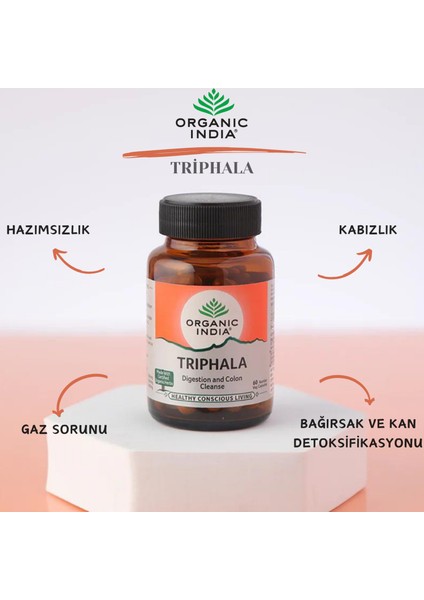 Organic India Triphala 60 Kapsül | Üç Meyve (Amalaki, Bibhitaki ve Haritaki)| 60 Cap ,480 Mg