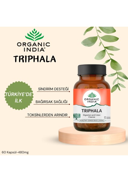 Organic India Triphala 60 Kapsül | Üç Meyve (Amalaki, Bibhitaki ve Haritaki)| 60 Cap ,480 Mg