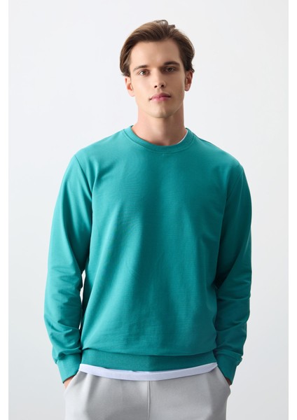 Deniz Yeşili Pamuk Yumuşak Dokulu Standart Fit Basic Erkek Sweatshirt - 88363