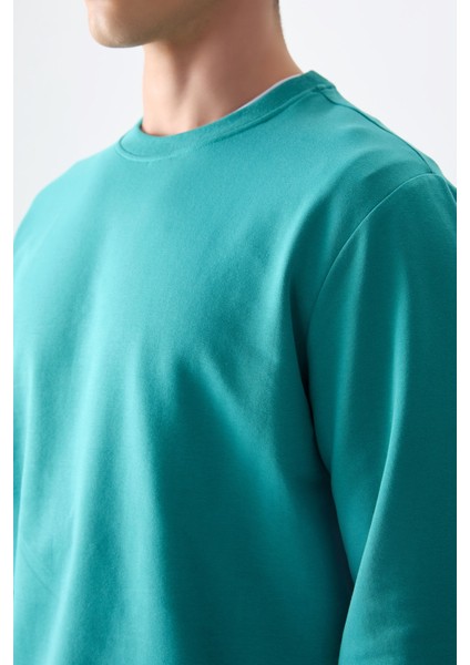 Deniz Yeşili Pamuk Yumuşak Dokulu Standart Fit Basic Erkek Sweatshirt - 88363 modelleri