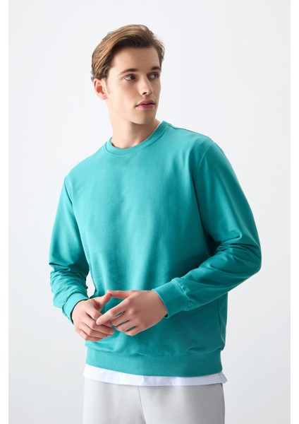 Deniz Yeşili Pamuk Yumuşak Dokulu Standart Fit Basic Erkek Sweatshirt - 88363 fırsatları