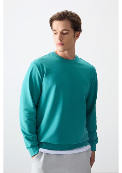 Deniz Yeşili Pamuk Yumuşak Dokulu Standart Fit Basic Erkek Sweatshirt - 88363 indirimleri