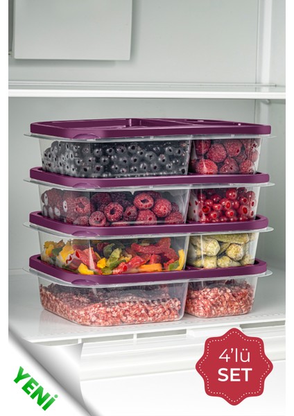 4lü 3 Bölmeli Dikdörtgen Saklama Kabı 1,15 Litre Mor
