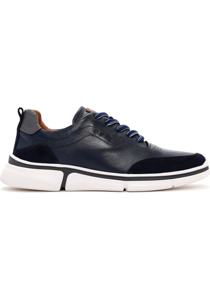 Erkek Lacivert Kalın Tabanlı Deri Sneaker