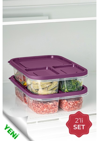 2li 3 Bölmeli Dikdörtgen Saklama Kabı 1,15 Litre Mor