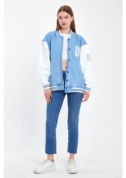 Kadın Jeanvibe Oversize Pamuklu Rahat Kot Kolej Ceket Buz Mavi modelleri