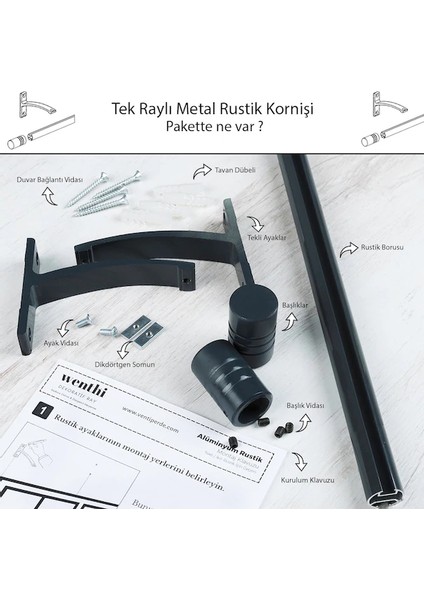 Kornişli Metal Rustik Antrasit Venti 20MM Tek Raylı Perde Askısı, Rustik Borusu, Metal Korniş