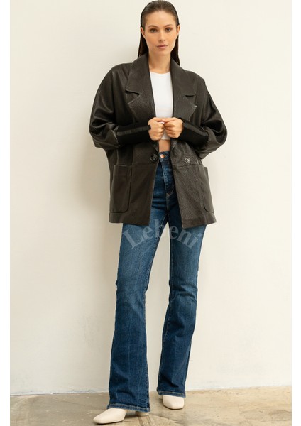 Deri Ceket Kadın Oversize Büyük Beden Yarasa Kol Büyük Cepli Bol Kesim Tek Düğmeli