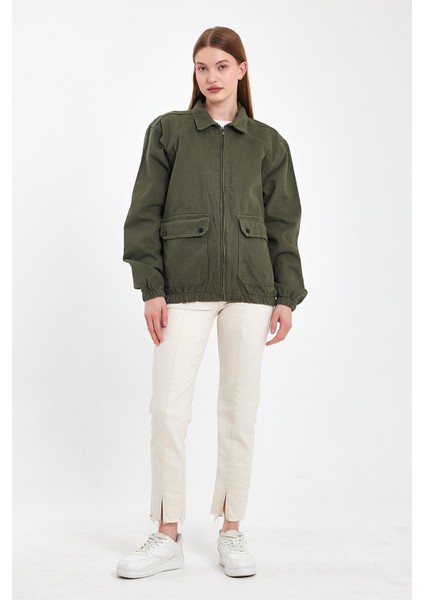 Kadın Coolcomfort Pamuklu Rahat Fermuarlı Kot Ceket Haki modelleri