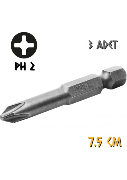 Tyson Vidalama Ucu Bits Uç - Ph2 Yıldız - 7.5 Cm. - 3 Adet