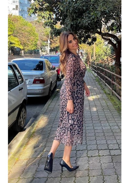 Belden Büzgülü Astarlı Tül Elbise