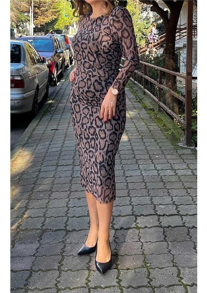 Belden Büzgülü Astarlı Tül Elbise