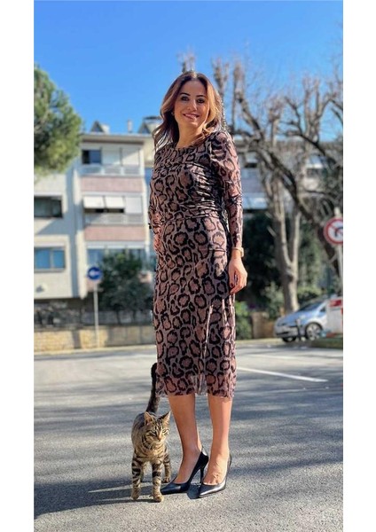 Belden Büzgülü Astarlı Tül Elbise