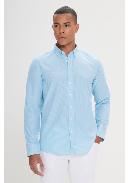 Erkek Beyaz-Turkuaz Slim Fit Dar Kesim Gizli Düğmeli Yaka Pamuklu Çizgili Gömlek