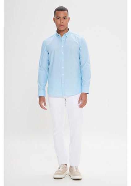 Erkek Beyaz-Turkuaz Slim Fit Dar Kesim Gizli Düğmeli Yaka Pamuklu Çizgili Gömlek fiyatları