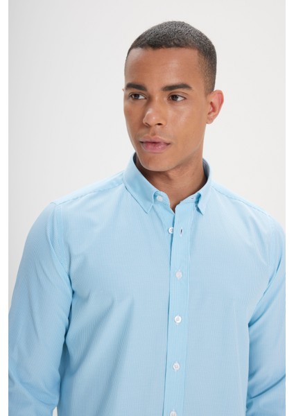 Erkek Beyaz-Turkuaz Slim Fit Dar Kesim Gizli Düğmeli Yaka Pamuklu Çizgili Gömlek modelleri