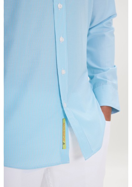 Erkek Beyaz-Turkuaz Slim Fit Dar Kesim Gizli Düğmeli Yaka Pamuklu Çizgili Gömlek indirimleri