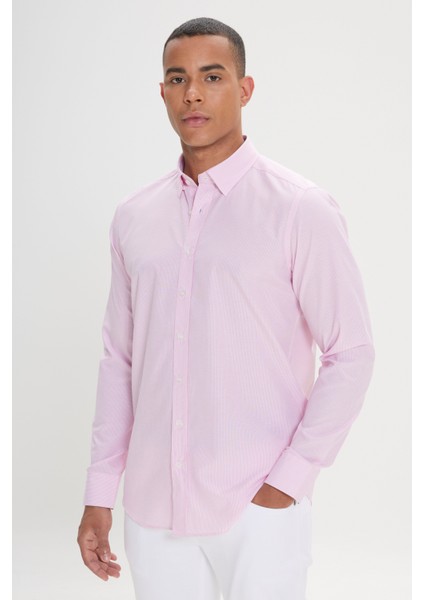 Erkek Beyaz-Pembe Slim Fit Dar Kesim Gizli Düğmeli Yaka Pamuklu Çizgili Gömlek