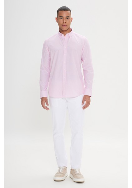 Erkek Beyaz-Pembe Slim Fit Dar Kesim Gizli Düğmeli Yaka Pamuklu Çizgili Gömlek