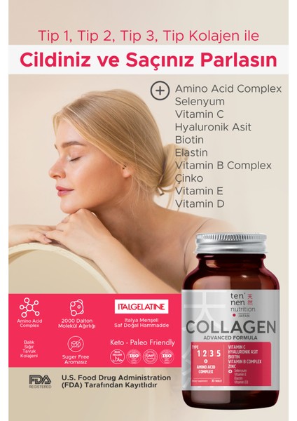 Tip 1-2-3-5 Collagen With Amino Acid Complex, Vitamin C, Hyaluronik Asit, Elastin, Biotin, Selenyum, Folik Asit, Bakır, Vitamin E, Vitamin D, Vitamin B Complex İçerir