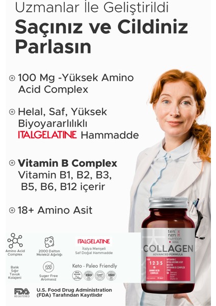 Tip 1-2-3-5 Collagen With Amino Acid Complex, Vitamin C, Hyaluronik Asit, Elastin, Biotin, Selenyum, Folik Asit, Bakır, Vitamin E, Vitamin D, Vitamin B Complex İçerir