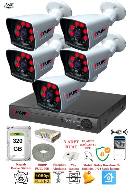 5 Kameralı 1080P Görüntü 6 Atom Gece Görüşlü Full Hd Akıllı Güvenlik Kamerası 5525A 320GB