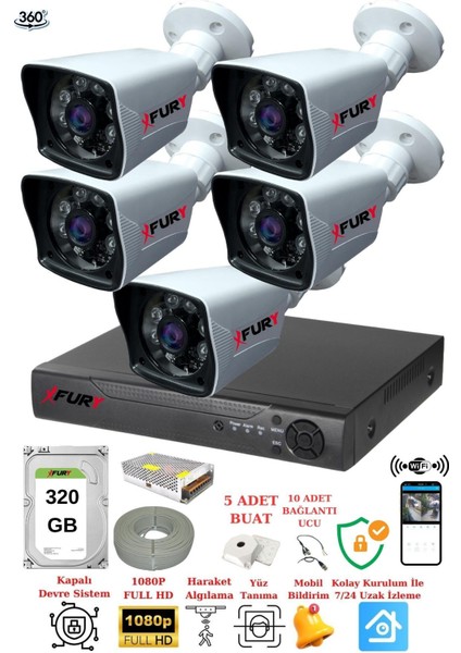 5 Kameralı 1080P Görüntü 6 Atom Gece Görüşlü Full Hd Akıllı Güvenlik Kamerası 5525A 320GB