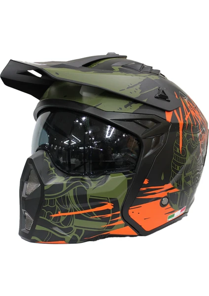 X1-X Seul Çene Çıkarılır Matt Warrıor Black Army Orange Modüler Kask