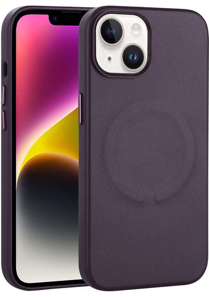 Apple iPhone 14 Plus Kılıf Pu Deri Wireless Tacsafe Derix Sert Kapak Derin Mor