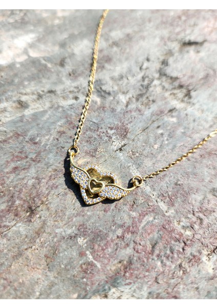 Zirkon Taşlı Kanatlı Kalpler Kadın Gold Kolye fiyatları