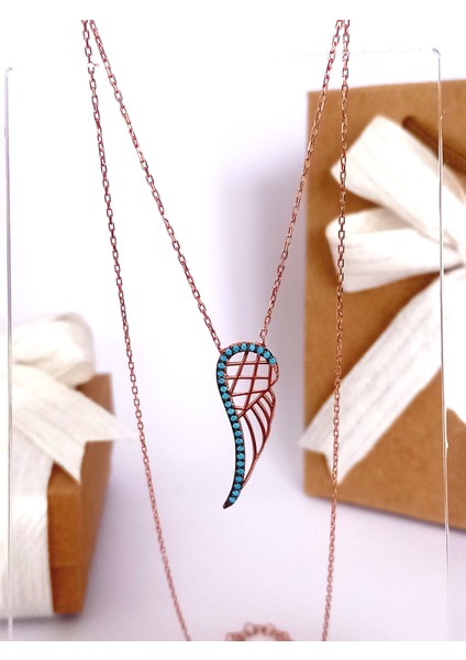 925 Ayar Gümüş Gold Turkuaz Firuze Taşlı Melek Kanadı Tasarım Kadın Kolye Sevgililer Günü Hediye modelleri