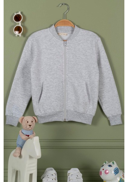 Fermuarlı Kanguru Cep Gri Kız Çocuk Ceket