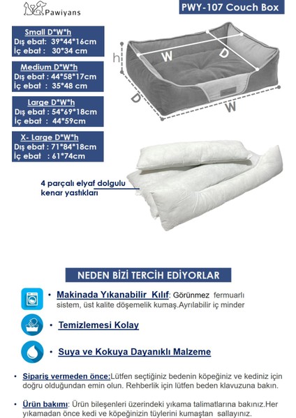 Couch Box Kedi Köpek Yatağı Yıkanabilir Fermuarlı Astarlı Elyaf Dolgu fiyatları